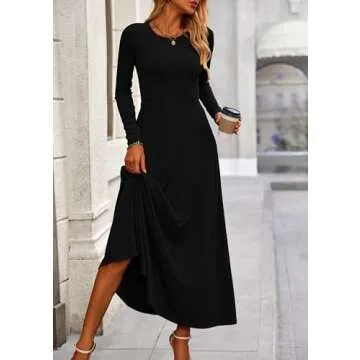 PRETTYGARDEN Women's 2 Piece Outfits Dressy Casual Ribbed Knit Long Sleeve Crop Tops Maxi Flowy Skirts Matching Sets (Black,Small)