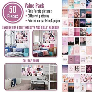 Boho Aesthetics Wall Collage Kit - 50 Pcs Pink Pur 4x6 Room Decor for Boys and Girls Teen Dorm Bedro...