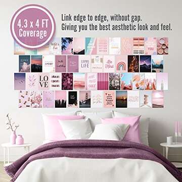 Boho Aesthetics Wall Collage Kit - 50 Pcs Pink Pur 4x6 Room Decor for Boys and Girls Teen Dorm Bedroom Photo Poster Picture, Small Warm Colorful Cute VSCO Cover Print of Art for Display
