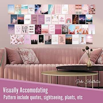 Boho Aesthetics Wall Collage Kit - 50 Pcs Pink Pur 4x6 Room Decor for Boys and Girls Teen Dorm Bedroom Photo Poster Picture, Small Warm Colorful Cute VSCO Cover Print of Art for Display