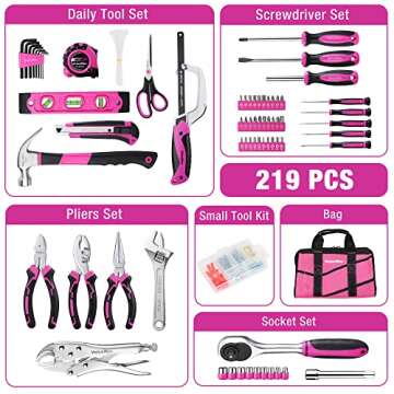 ValueMax Pink Tool Kit, 219-Pieces Home Repairing Tool Set, Household Tool Kit with Wide Mouth Open ...