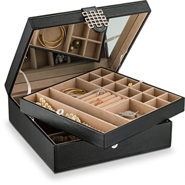 Glenor Co 28 Section Jewelry Box - 2 Layer - Buckle Snap & Magnet Closure - Large Mirror - Pu Leathe...