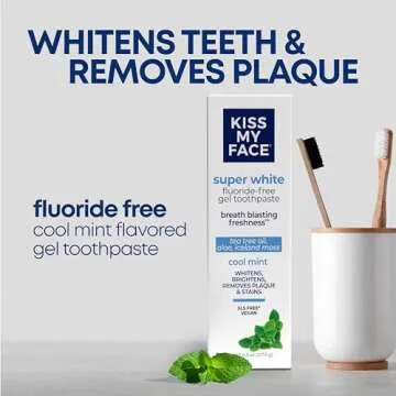 Kiss My Face Super White Toothpaste Gel, Cool Mint Flavor, Removes Plaque and Stains, Teeth Whitening Toothpaste, Fluoride Free, Vegan, 4.5 oz, 3 Pack
