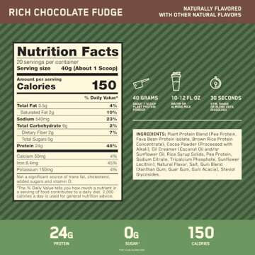 Optimum Nutrition Gold Standard 100% Plant Based Protein Powder, Gluten Free, Vegan Protein for Muscle Support and Recovery with Amino Acids - Rich Chocolate Fudge, 20 Servings (Packaging May Vary)