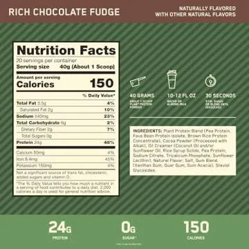 Optimum Nutrition Gold Standard 100% Plant Based Protein Powder, Gluten Free, Vegan Protein for Muscle Support and Recovery with Amino Acids - Rich Chocolate Fudge, 20 Servings (Packaging May Vary)