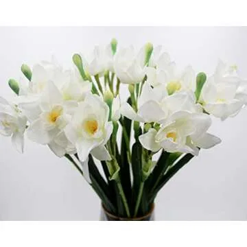 Hananona 10 Pcs Artificial Daffodils Flowers White Narcissus Spring Flower Fake Silk Flower Arrangement for Home Wedding Outdoor Front Door Decor (10, White)