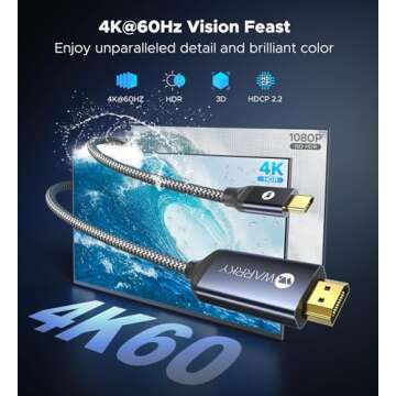 Warrky USB C to HDMI Cable 4K@60Hz Gold-Plated, 6FT Fast USB Type-C to HDMI
