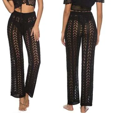 JUDYBRIDAL Womens High Waist Crochet Net Hollow Out Cover Up Mesh Beach Bikini Swimsuits Pants (Black 1,S)