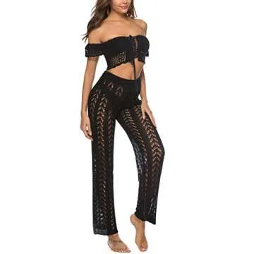 JUDYBRIDAL Womens High Waist Crochet Net Hollow Out Cover Up Mesh Beach Bikini Swimsuits Pants (Black 1,S)