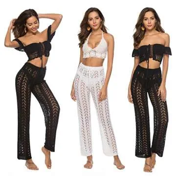 JUDYBRIDAL Womens High Waist Crochet Net Hollow Out Cover Up Mesh Beach Bikini Swimsuits Pants (Black 1,S)