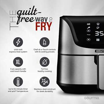 Gourmia GAF635 Digital Multi Mode Air Fryer - Oil-Free Healthy Cooking - 8 Preset Cook Modes - 6-Quart Capacity - Stainless Steel - Removable, Dishwasher-Safe Basket - Free Recipe Book Included