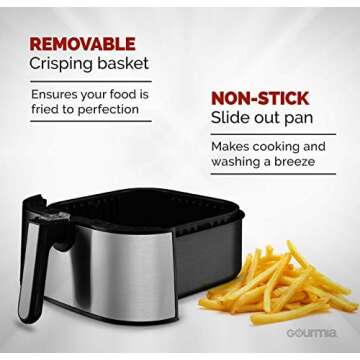 Gourmia GAF635 Digital Multi Mode Air Fryer - Oil-Free Healthy Cooking - 8 Preset Cook Modes - 6-Quart Capacity - Stainless Steel - Removable, Dishwasher-Safe Basket - Free Recipe Book Included