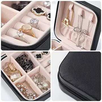CARURLIFF Mini Jewelry Travel Case,Small Travel Jewelry Organizer,Travel Portable Jewelry Case for Ring, Pendant, Earring, Necklace, Bracelet Organizer Storage Holder Boxes (Black)