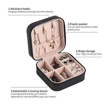 CARURLIFF Mini Jewelry Travel Case,Small Travel Jewelry Organizer,Travel Portable Jewelry Case for Ring, Pendant, Earring, Necklace, Bracelet Organizer Storage Holder Boxes (Black)