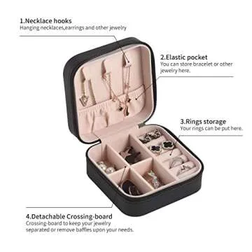 CARURLIFF Mini Jewelry Travel Case,Small Travel Jewelry Organizer,Travel Portable Jewelry Case for Ring, Pendant, Earring, Necklace, Bracelet Organizer Storage Holder Boxes (Black)