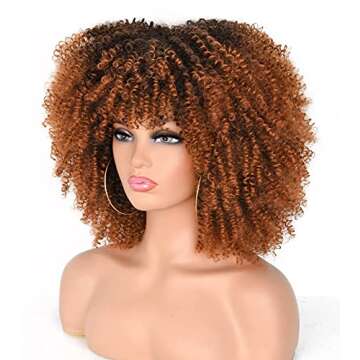 Annivia 14inch Afro Kinky Curly Wig with Bangs for Black Women Ombre Brown No Glue Full and Fluffy l...