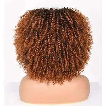 Annivia 14inch Afro Kinky Curly Wig with Bangs for Black Women Ombre Brown No Glue Full and Fluffy like a Bomb Short Curly Hair Wigs