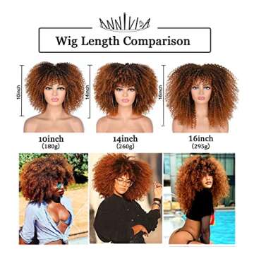 Annivia 14inch Afro Kinky Curly Wig with Bangs for Black Women Ombre Brown No Glue Full and Fluffy like a Bomb Short Curly Hair Wigs