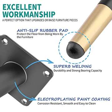 Seimneire 4pcs 6 Inch Furniture Legs, Straight Conical Metal Legs Matte Black Gold Mid-Century Style Furniture Feet for Sofa Cabinet Table Chair Cupboard Couch Ottoman Home DIY Projects