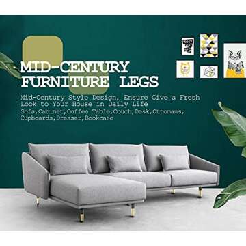 Seimneire 4pcs 6 Inch Furniture Legs, Straight Conical Metal Legs Matte Black Gold Mid-Century Style Furniture Feet for Sofa Cabinet Table Chair Cupboard Couch Ottoman Home DIY Projects
