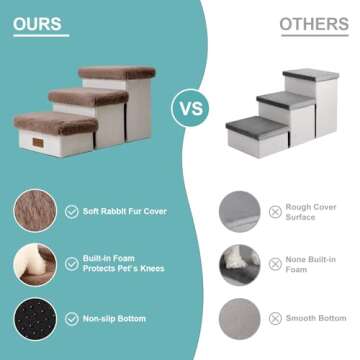 COZY KISS Dog Stair for Small Dogs with Storage, Foldable Pet Stairs for Medium or Puppy Dogs and Older Cats, Dog Steps for Bed or Couch, Dog Ramp with Soft Cover, 24.8x13x13.6 inch, 3 Tiers, Brown