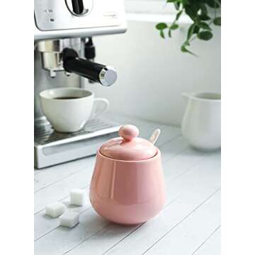 Sweese 481.108 Porcelain Sugar Bowl, 12 Ounce Sugar Canister with Spoon and Lid for Home and Kitchen, Pink