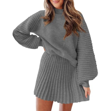 Zwurew Women's 2 Piece Outfits 2024 Long Sleeve Mock Neck Ribbed Sweaters and Mini Skirt Two Piece S...