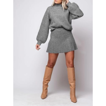 Zwurew Women's 2 Piece Outfits 2024 Long Sleeve Mock Neck Ribbed Sweaters and Mini Skirt Two Piece Sets Grey
