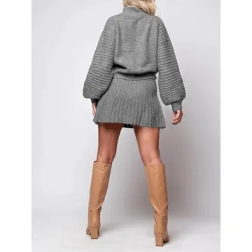 Zwurew Women's 2 Piece Outfits 2024 Long Sleeve Mock Neck Ribbed Sweaters and Mini Skirt Two Piece Sets Grey