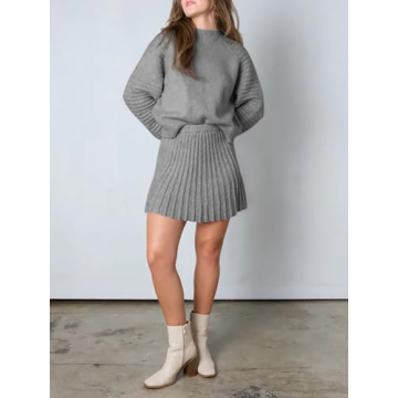 Zwurew Women's 2 Piece Outfits 2024 Long Sleeve Mock Neck Ribbed Sweaters and Mini Skirt Two Piece Sets Grey