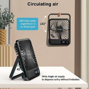 Mikikin Desk Fan Battery Operated, Portable USB Rechargeable Fan, 2000mAh 180° Tilt Folding Personal Fan With Power Display, 5 Speeds Ultra Quiet Table Fan for Desktop, Home, Travel(Black)