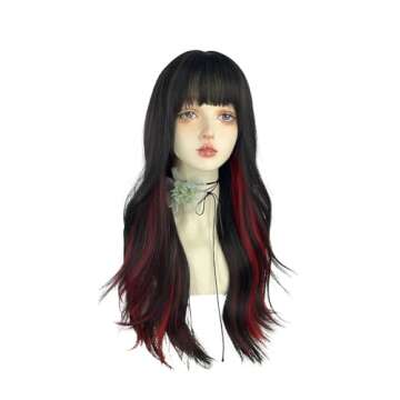 WKLOUYHE Long Wavy Wig for Women Synthetic Curly Wig with Bangs Fibre Cosplay Wig for Girls Daily Us...