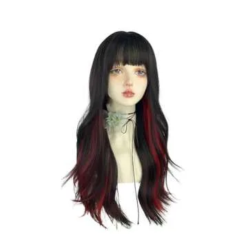 WKLOUYHE Long Wavy Wig for Women Synthetic Curly Wig with Bangs Fibre Cosplay Wig for Girls Daily Us...