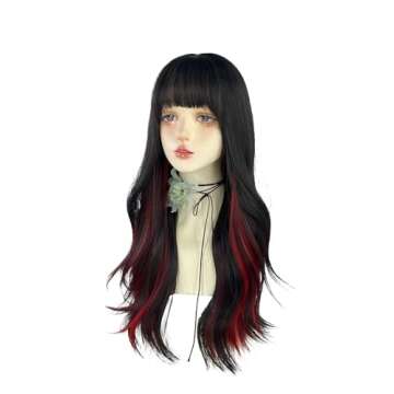 WKLOUYHE Long Wavy Wig for Women Synthetic Curly Wig with Bangs Fibre Cosplay Wig for Girls Daily Use Colorful Wigs (Black+Red)