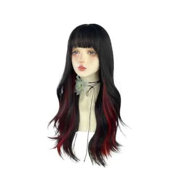 WKLOUYHE Long Wavy Wig for Women Synthetic Curly Wig with Bangs Fibre Cosplay Wig for Girls Daily Use Colorful Wigs (Black+Red)