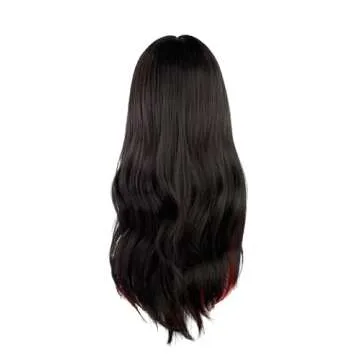 WKLOUYHE Long Wavy Wig for Women Synthetic Curly Wig with Bangs Fibre Cosplay Wig for Girls Daily Use Colorful Wigs (Black+Red)
