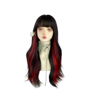 WKLOUYHE Long Wavy Wig for Women Synthetic Curly Wig with Bangs Fibre Cosplay Wig for Girls Daily Use Colorful Wigs (Black+Red)