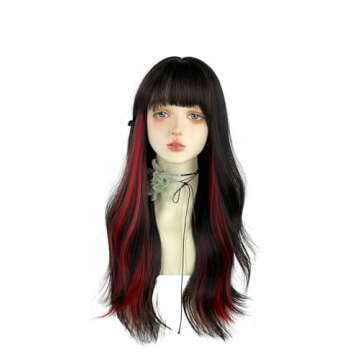 WKLOUYHE Long Wavy Wig for Women Synthetic Curly Wig with Bangs Fibre Cosplay Wig for Girls Daily Use Colorful Wigs (Black+Red)