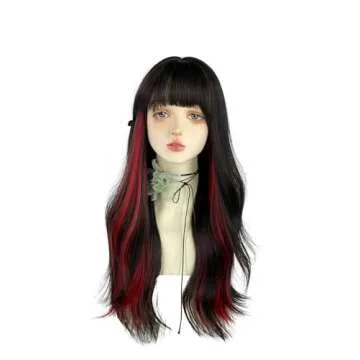 WKLOUYHE Long Wavy Wig for Women Synthetic Curly Wig with Bangs Fibre Cosplay Wig for Girls Daily Use Colorful Wigs (Black+Red)
