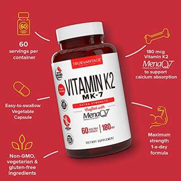 Vitamin k2 MK-7 Supplement 180mcg -Vitamin K2 Supports Bone & Heart Health for Cardiovascular Calciu...