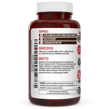 Vitamin k2 MK-7 Supplement 180mcg -Vitamin K2 Supports Bone & Heart Health for Cardiovascular Calcium Absorption from Arteries- 60 Easy to Swallow Vegetable caps of MenaQ7 K2 MK7
