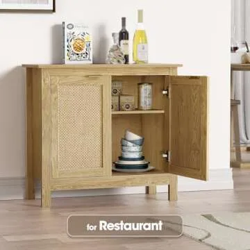 Giluta Sideboard Buffet Cabinet, Farmhouse Kitchen Cabinets with 2 Rattan Doors, 30''H Boho Cabinet for Entryway