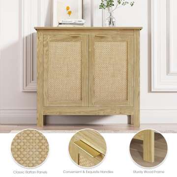 Giluta Sideboard Buffet Cabinet, Farmhouse Kitchen Cabinets with 2 Rattan Doors, 30''H Boho Cabinet for Entryway