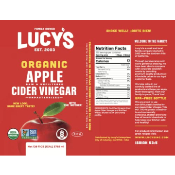 Lucy's Organic Apple Cider Vinegar - Raw & Unfiltered Gallon