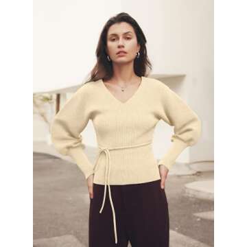 MIHOLL Women Sexy V Neck Long Sleeve Sweaters Tops Dressy Casual Cropped Leg-of-Mutton Sleeve T Shir...