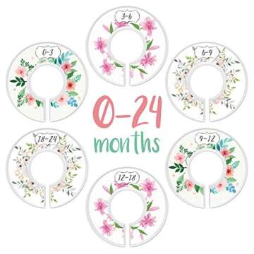 Baby Closet Size Dividers, First Bouquet, Girl, Set of 6 Closet Organizers for 0-24 Months Flowers