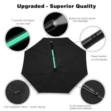 BESTKEE Lightsaber Umbrella LED Light up Golf Umbrellas with 7 Color Changing On The Shaft/Built in Torch at Bottom (Black)