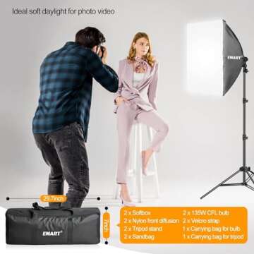Emart Upgraded Softbox Lighting Kit with Sandbag,24"x24" Softbox Photography Lighting ​with 135W E27 5500K Bulbs, Professional Studio Lights Equipment for Video Recording,Filming,Podcas