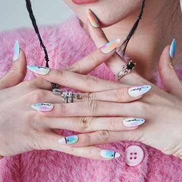 Tie Dye Press on Nails Short Almond, GLAMERMAID Glue on Nails for Mother's Day Gift | Color False Nail Kits with Heart design, Rainbow Stick on Nails Sets for Women Girlfriend,Fake Nails Short