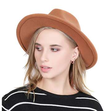 Lanzom Women Lady Retro Wide Brim Floppy Panama Hat Belt Buckle Wool Fedora Hat Fit Size 6 8/7-7 1/4 (Khaki, One Size)